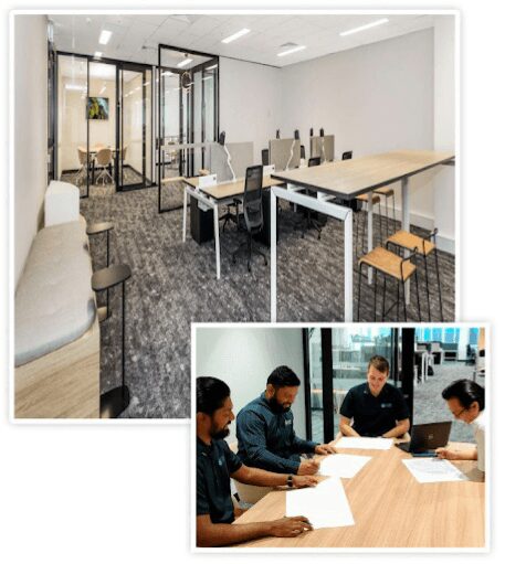 Team of engineers collaborating around a table, illustrating a productive and collaborative work environment.